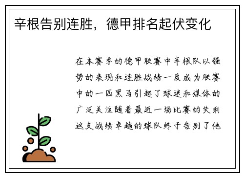 辛根告别连胜，德甲排名起伏变化