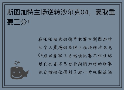 斯图加特主场逆转沙尔克04，豪取重要三分！