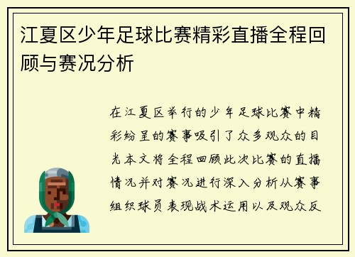 江夏区少年足球比赛精彩直播全程回顾与赛况分析